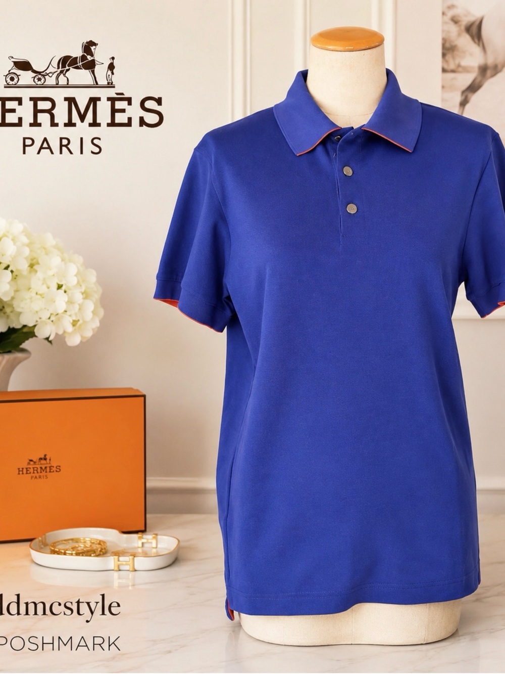 Hermes Blue Button-Down Polo with Contrast Trim